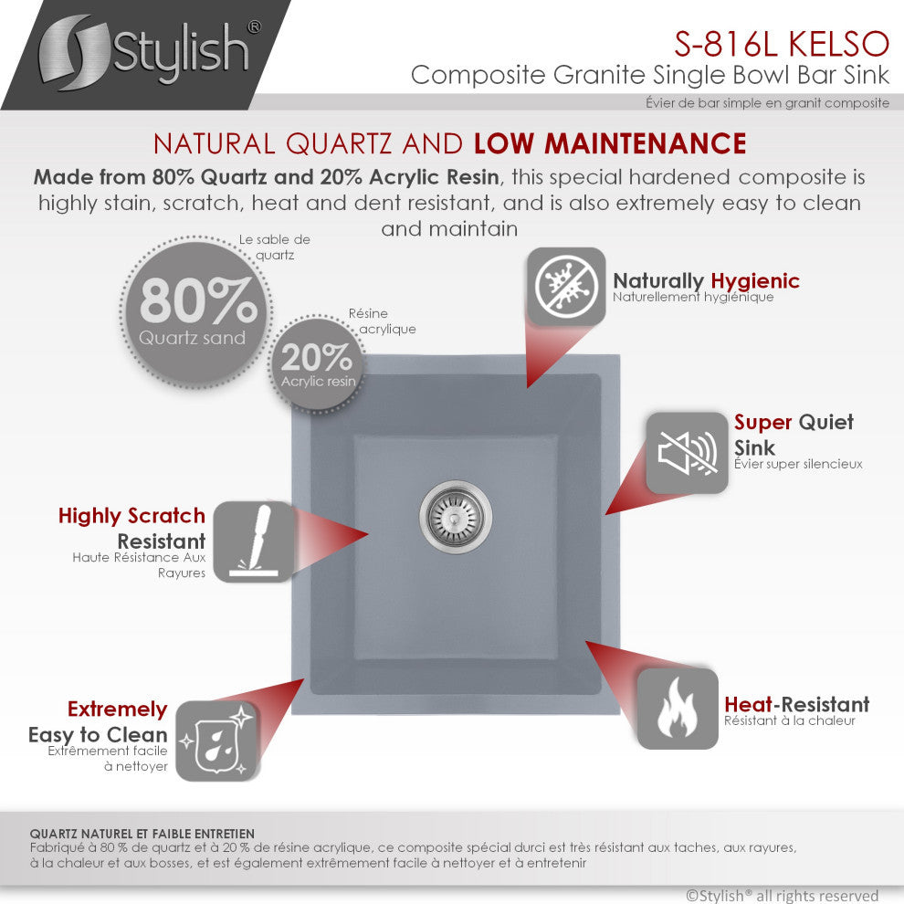 STYLISH 16"Dual Mount Single Bowl Gray Granite Kitchen Sink