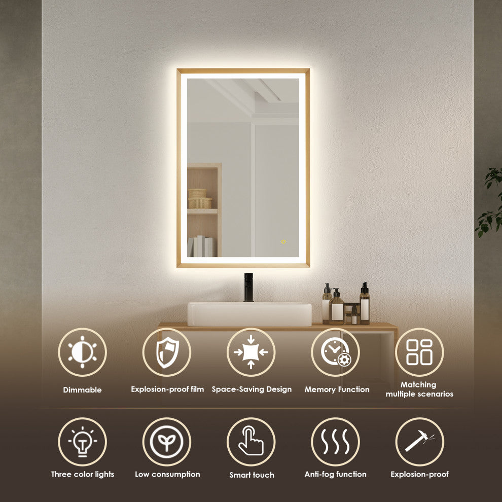 Apollo Anti-Fog Dimmable Vanity, LED Lighted Wall Mirror, Brushed Gold, 24"