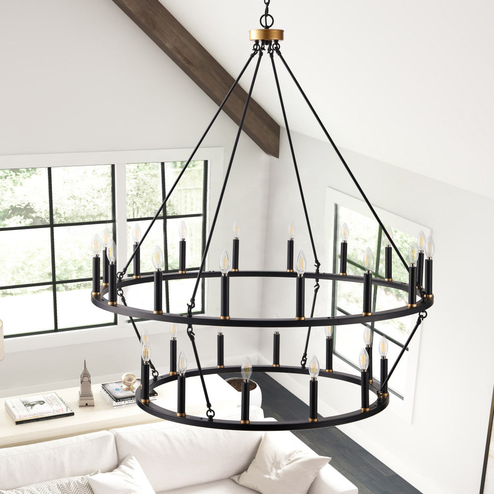 28-Light Wagon Wheel Pendant Candle Style Ceiling Light, Black