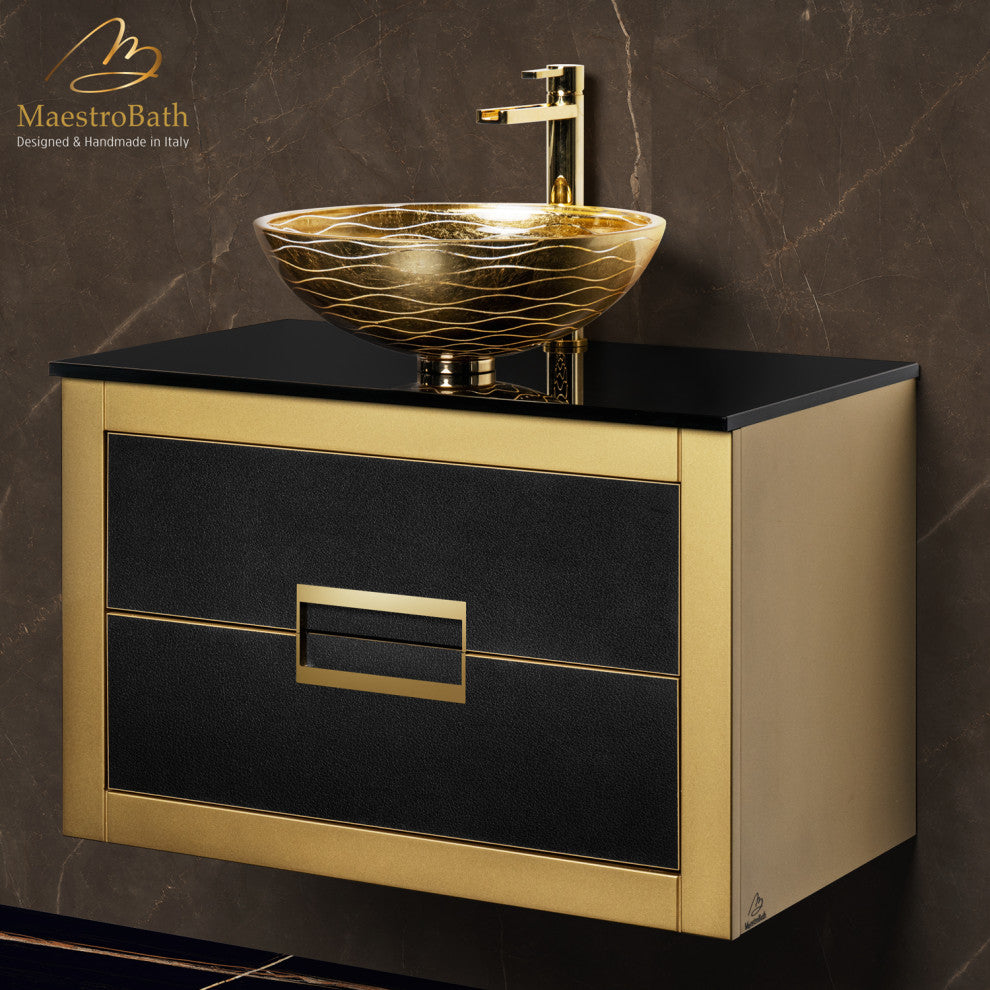 Danya Leather Vanity, Black and Gold, 32"