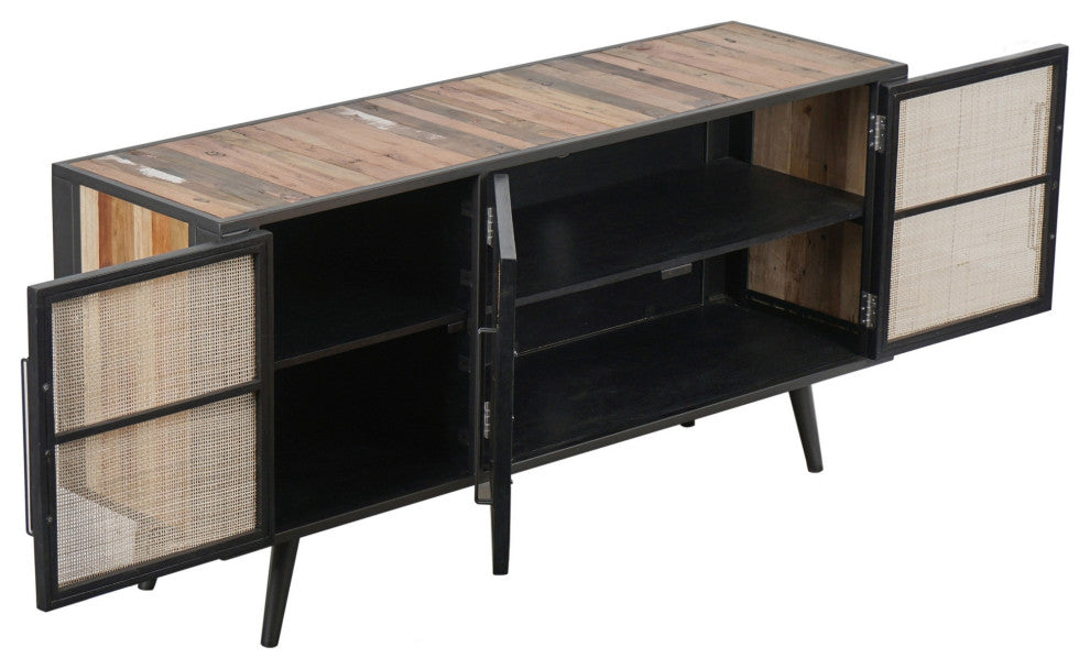Rustic Black Natural and Rattan Media Cabinet With Three Doors
