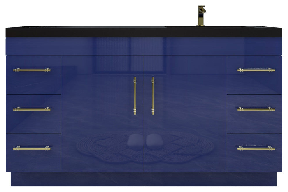 Rosa 60" Free Standing Modern Vanity, High Gloss Night Blue, Matt Black Top