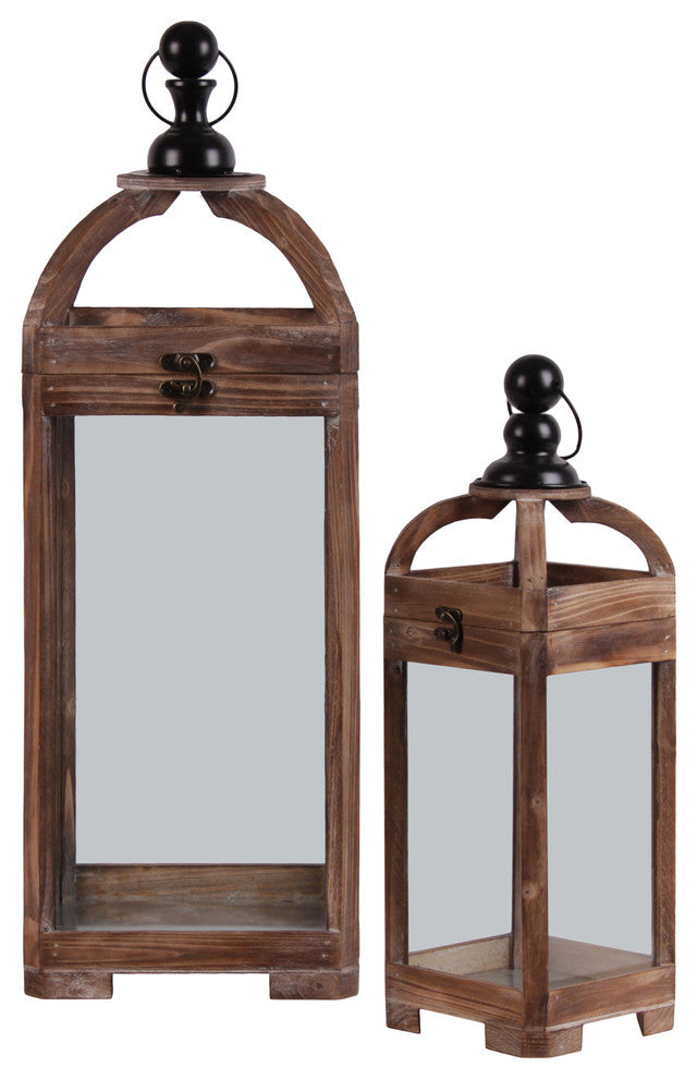 Wood Lanterns With Metal Finial Top, Ring Handle and Glass Body, 2-Piece Set