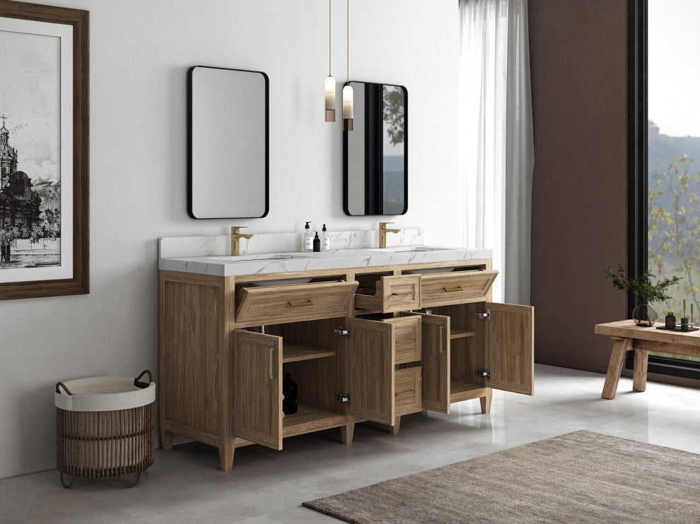 Santa Monica 72 Double Sink Bath Vanity in Whitewashed Teak 2" Calacatta Nuvo