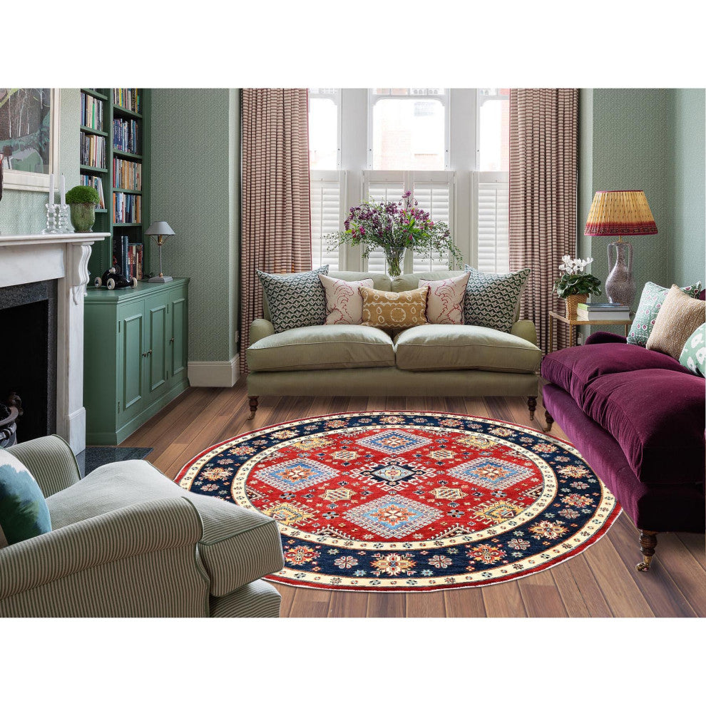 Red, Soft Wool, Special Kazak, Hand Knotted, Round Oriental Rug, 7'10"x7'9"
