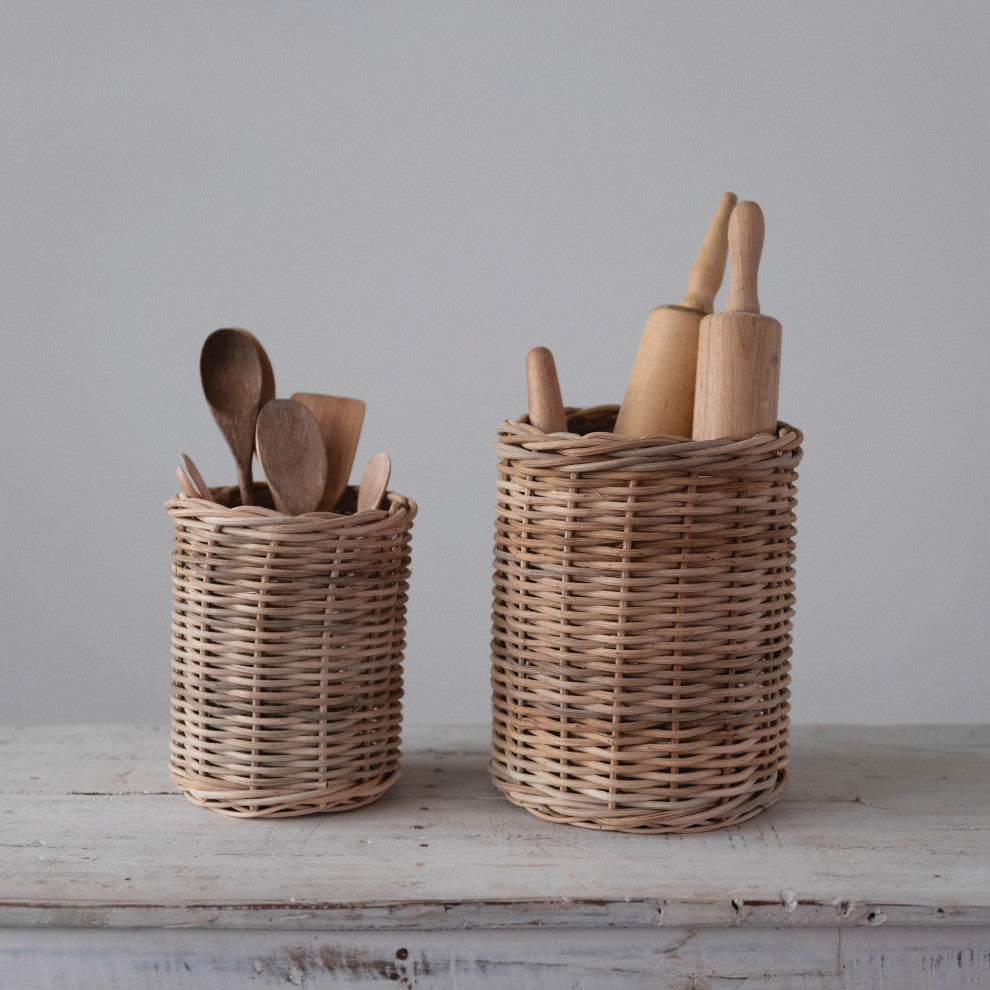 Hand-Woven Wicker Basket/Container, Natural, 2-Piece Set