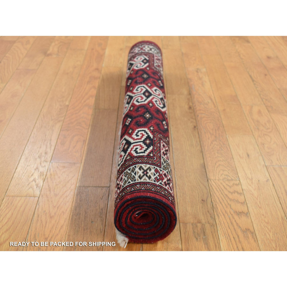 Maroon Red Turkoman Repetitive Design Pure Wool Hand Knotted Rug 3'2" x 4'1"