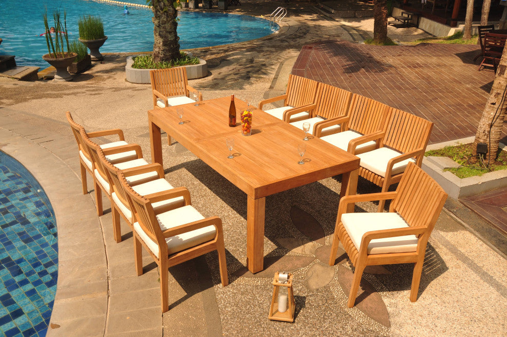 11-Piece Outdoor Teak Dining Set: 86" Rectangle Table, 10 Maldives Arm Chairs