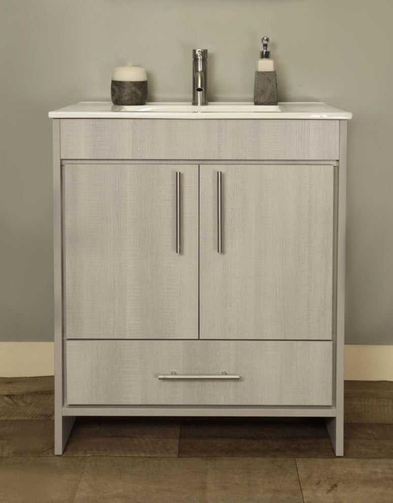 Pacific 30" Vanity With Integrated Ceramic Top and Brushed Nickel Handles, Weath