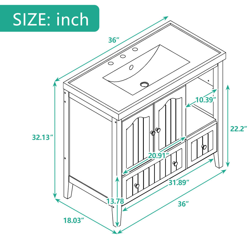36" W x 18." D x 32" H Bath Vanity, White Ceramic Top, White