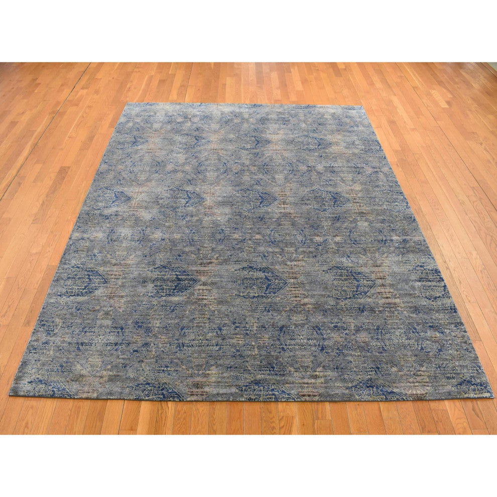 Blue Silk With Wool Erased Rosette Design Hand Knotted Oriental Rug 8'9"x12'