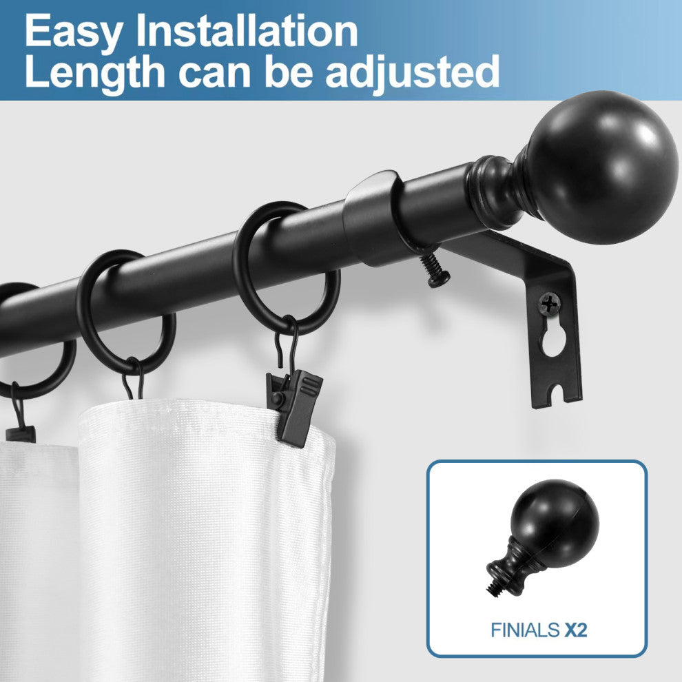 Ball Adjustable Single Curtain Rod Set With Rings, 5/8", Black, 28"-48"