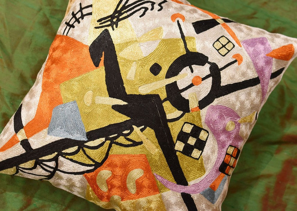 Kandinsky On White III Decorative Pillow Cover Handembroidered Art Silk 18x18"