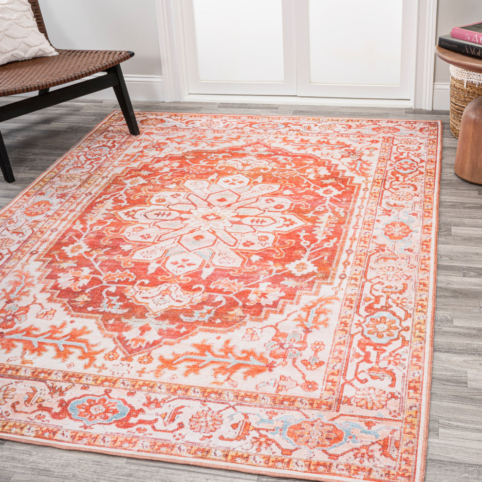 Asa Ornate Medallion Machine Washable Indoor Area Rug, Orange/Cream, 3 X 5