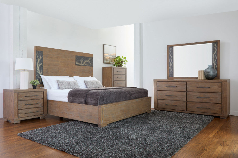 Driftwood Transitional Wooden Bedframe With Inset Panel, Queen