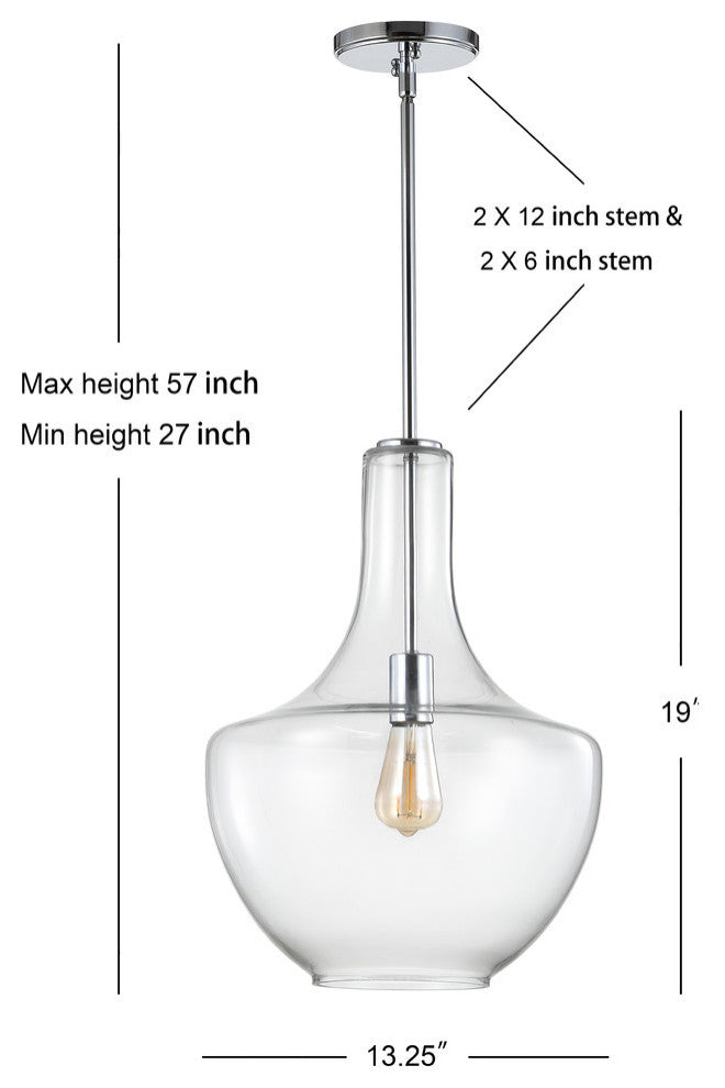 Watts 10.5" Glass, Metal LED Pendant, Chrome/Clear, Width: 13.25"