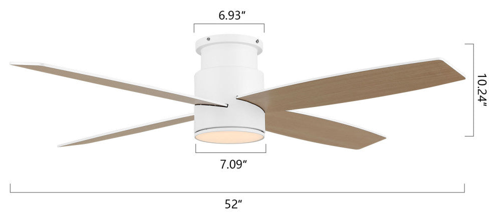 52" 4-Blade Flush Mount LED Ceiling Fan With Remote and Light, White