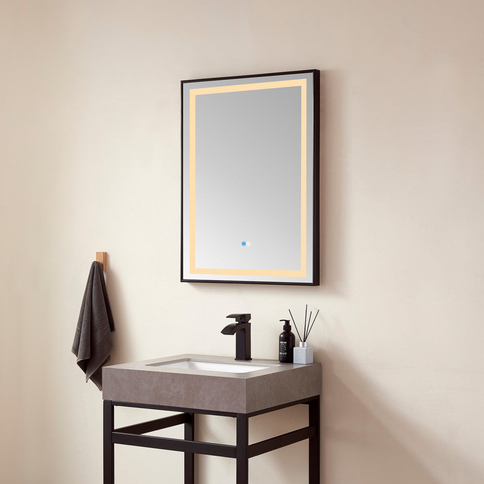 Horizontal Rectangular LED Wall Mount Bathroom Mirror, Black, 24"