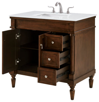 36" Single Bathroom Vanity, Walnut With Ivory White Engineered Marble