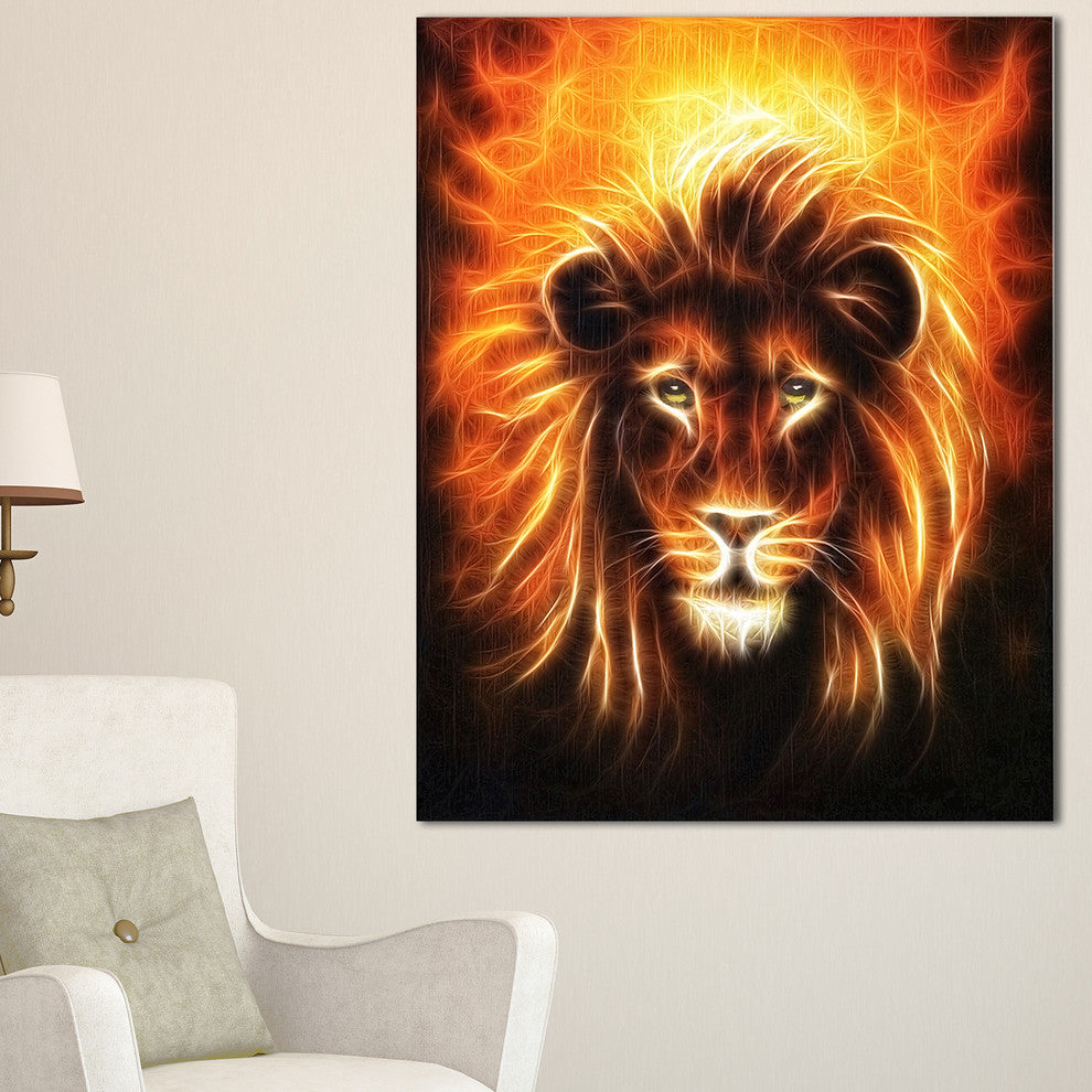 "Lion With Flame Mine" Animal Digital Canvas Print, 16"x32"