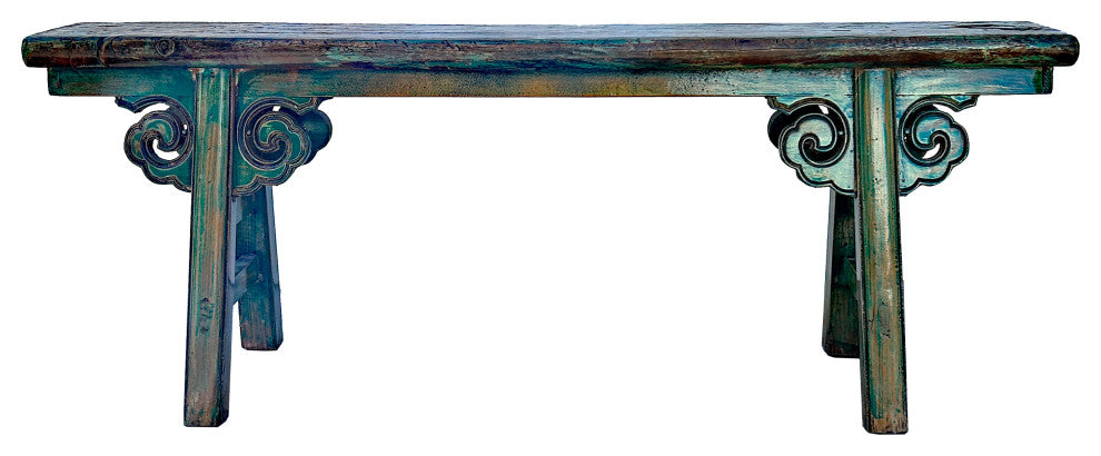 Distressed Brown Green Blue Village Slim Narrow Scroll Apron Wood Bench