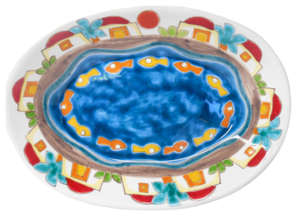 Ceramiche di Sicilia 15X11"� Oval Serving/Wall Platter with Fish & Houses