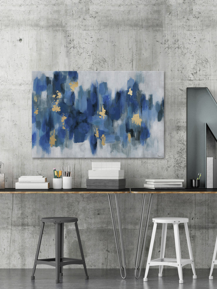 "Blurry Blue Flowers II" Painting Print on Wrapped Canvas, 36"x24"