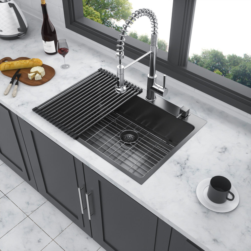 Black Stainless Steel Single Bowl Drop-In Kitchen Sink with Drain Assembly, Gunmetal Black, 30'' X 22''