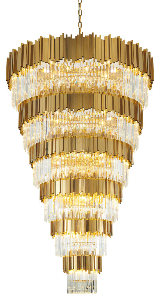 D60" 6-Tier Shiny Gold Frame Chandelier With Clear Hanging Crystals