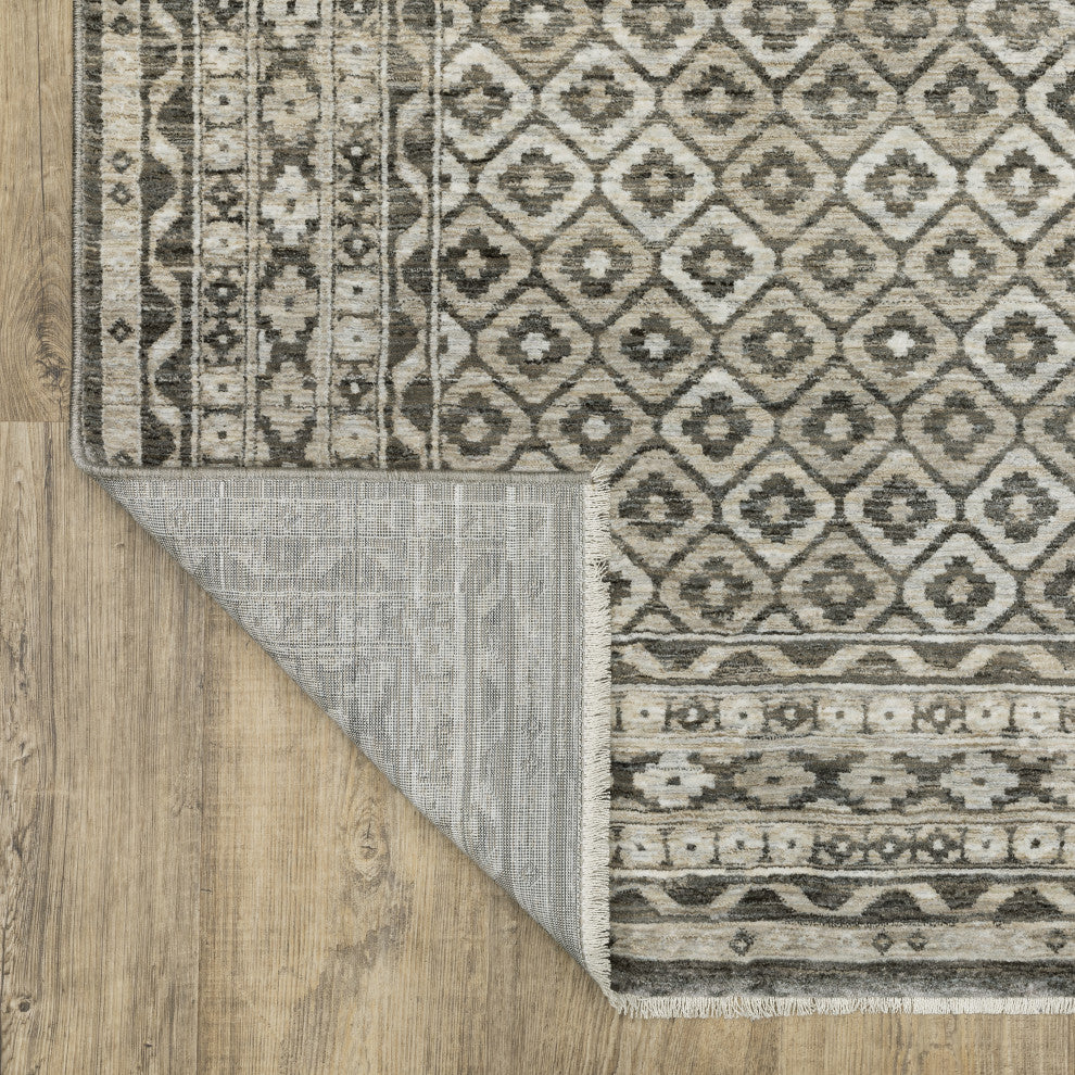 Callum Diamond Panel Grey/Beige Fringe Edge Rug 3'3" x 5'