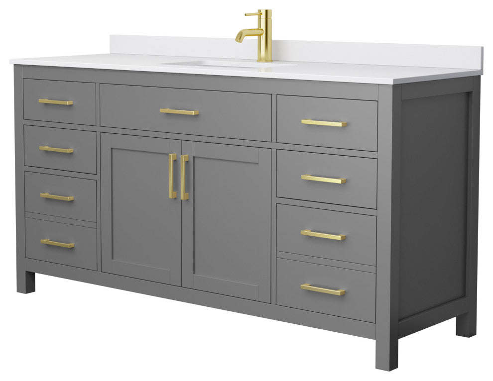 66"SGL Bathroom Vanity Dark Gray, White Cult. Marble Countertop, Sink, Gold Trim