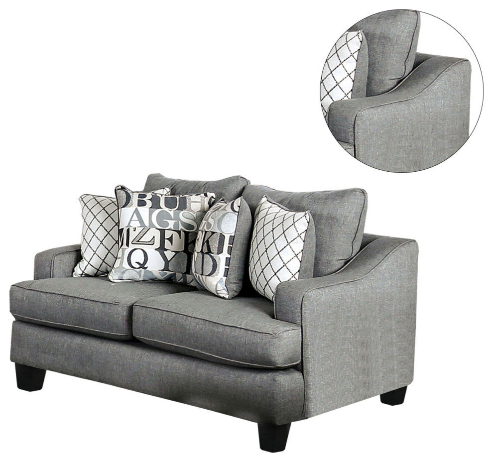 Linen-Like Fabric Loveseat with T-Cushion Seats Design, Bluish Gray