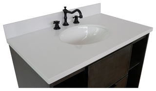 37" Single Wall Mount Vanity, Linen Gray Finish With White Engineered Stone Top