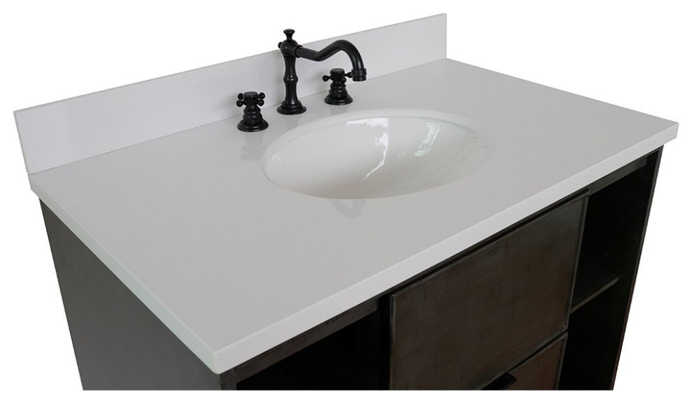 37" Single Wall Mount Vanity, Linen Gray Finish With White Engineered Stone Top