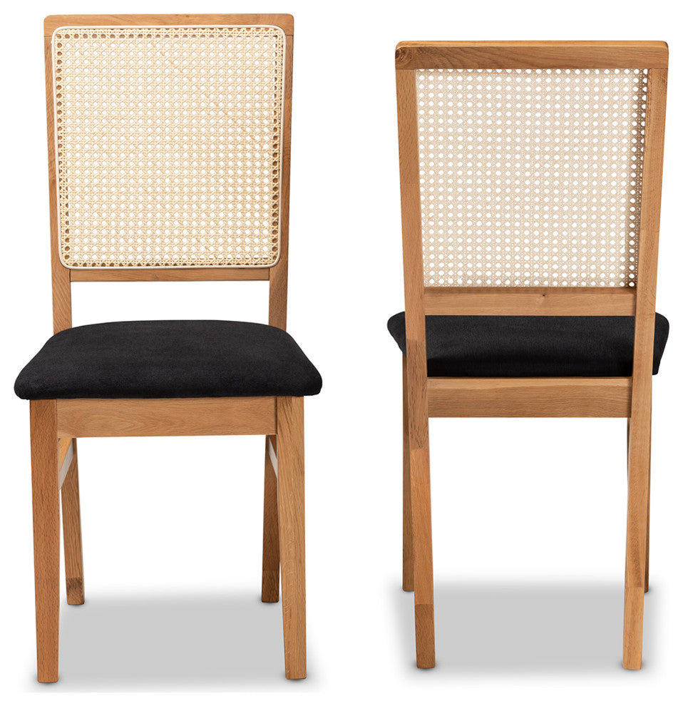 Ayala Mid-Century Black Fabric Upholstered Rattan Dining Chair, Set of 2