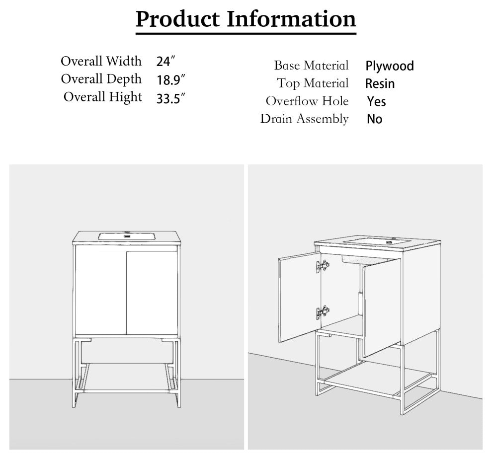 24" Freestanding Bath Vanity, Black Quartz Top, Oak