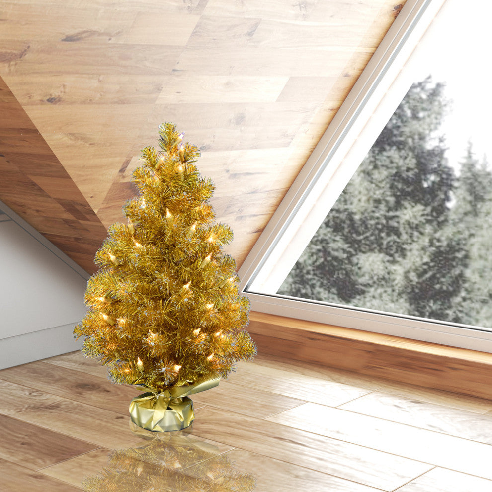 Vickerman G190825 2'X16" Gold Tinsel Artificial Christmas Tree, Clear Lights