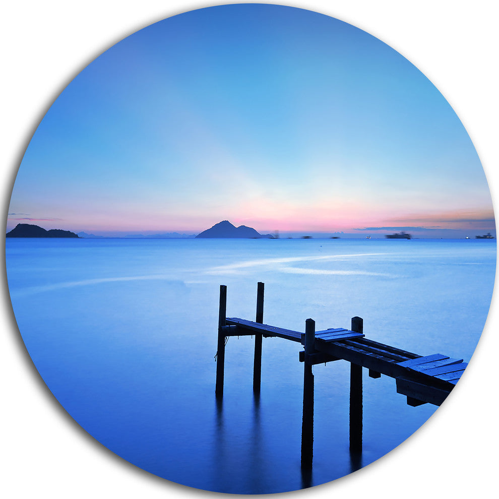 Wooden Pier In Blue Sea, Seascape Photo Large Disc Metal Wall Art, 36"