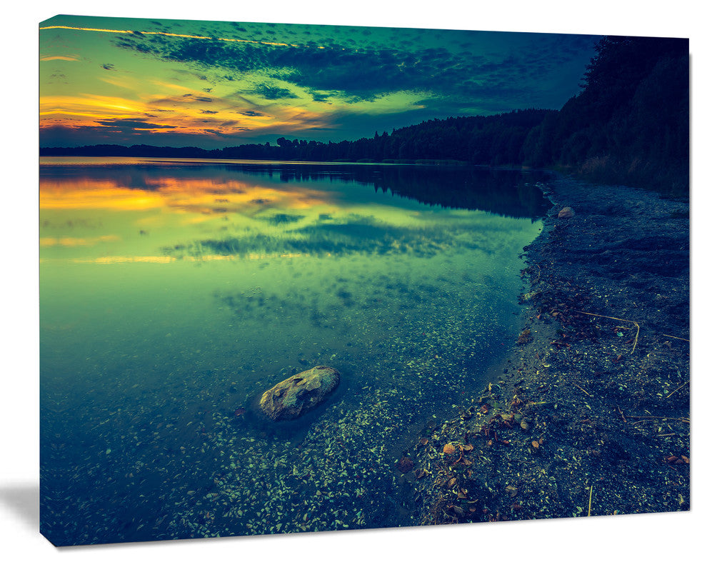 Dark Vintage Lake at Sunset, Boat Canvas Art Print, 20"x12"