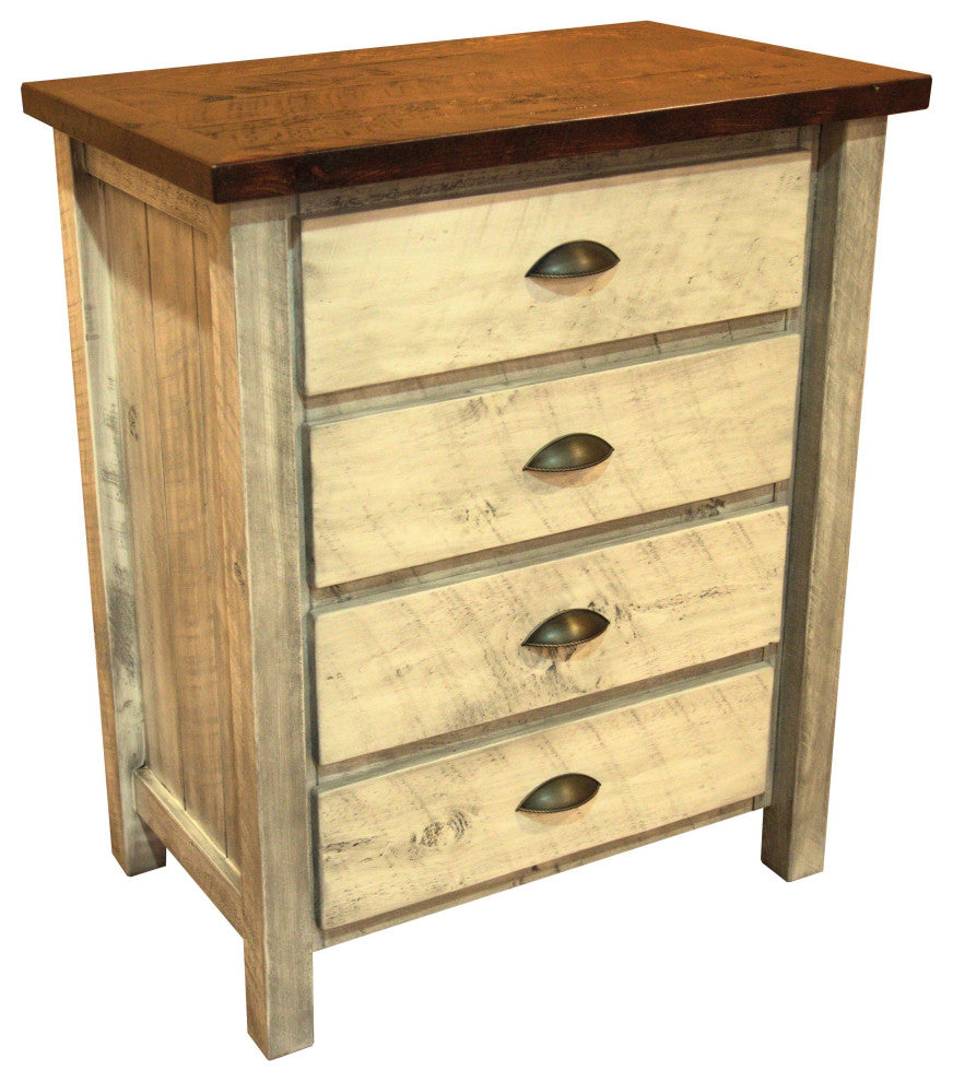 Rustic Barnwood Style Timber Peg 4-Drawer Chest, Thunder White and Michael's Cherry
