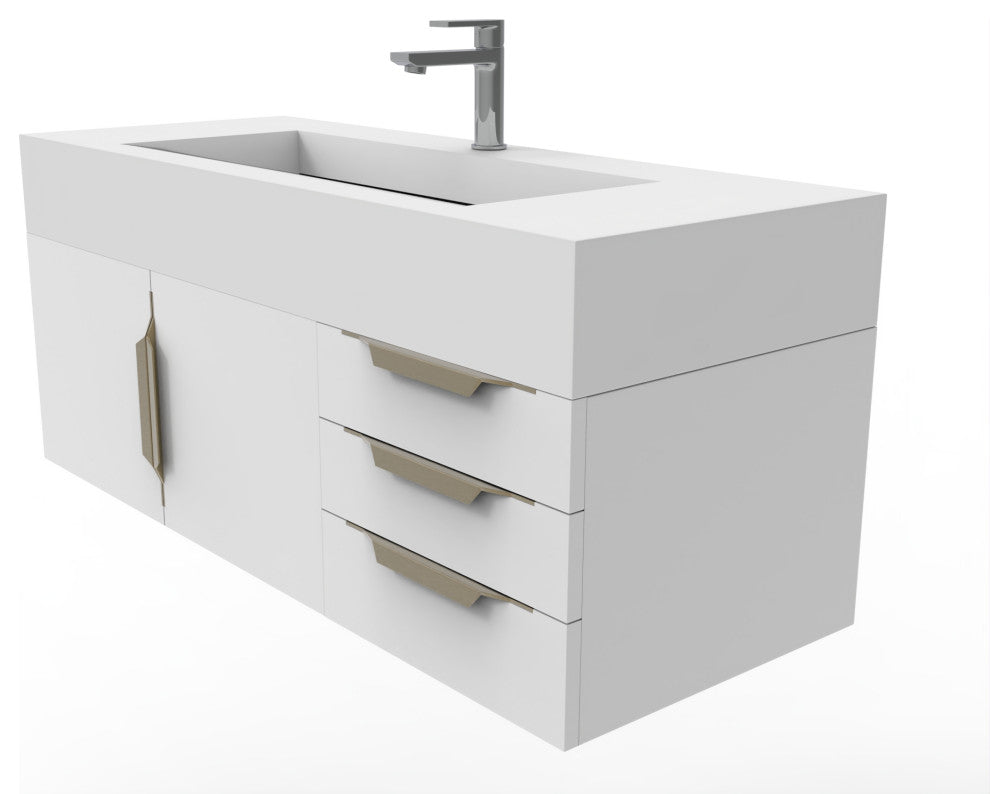 CastelloUSA Nile 48" Wall Mounted Vanity Set, White, White Top, Gold Handles