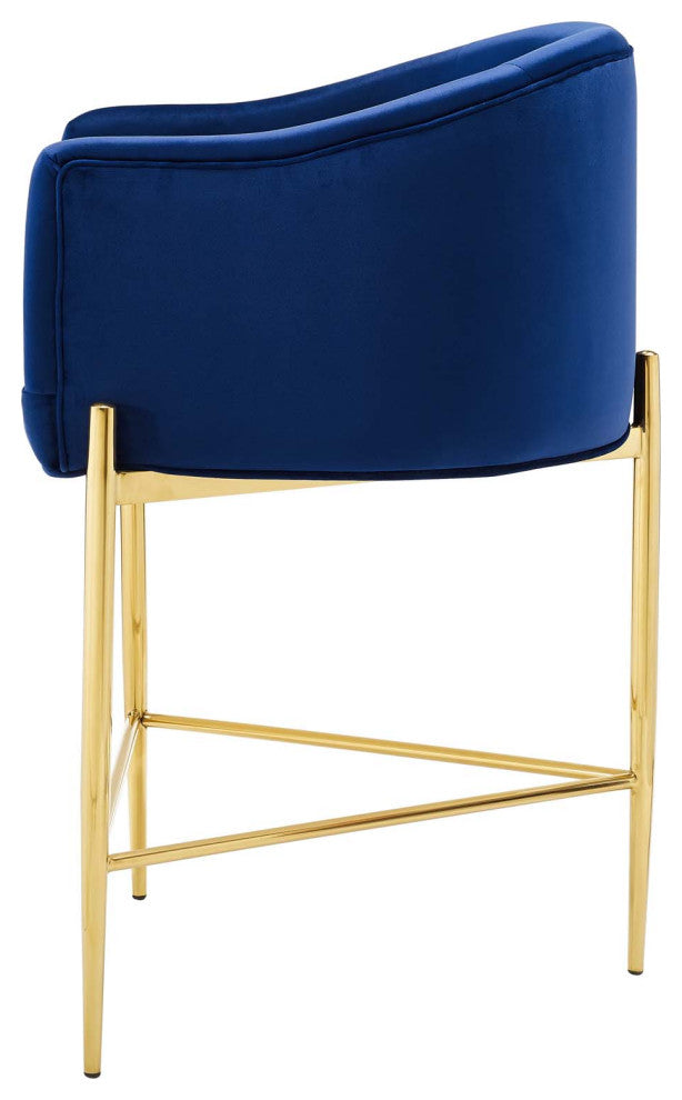 Tufted Counter Stool Chair, Set of 2, Velvet, Metal, Blue Navy, Modern, Bar Pub
