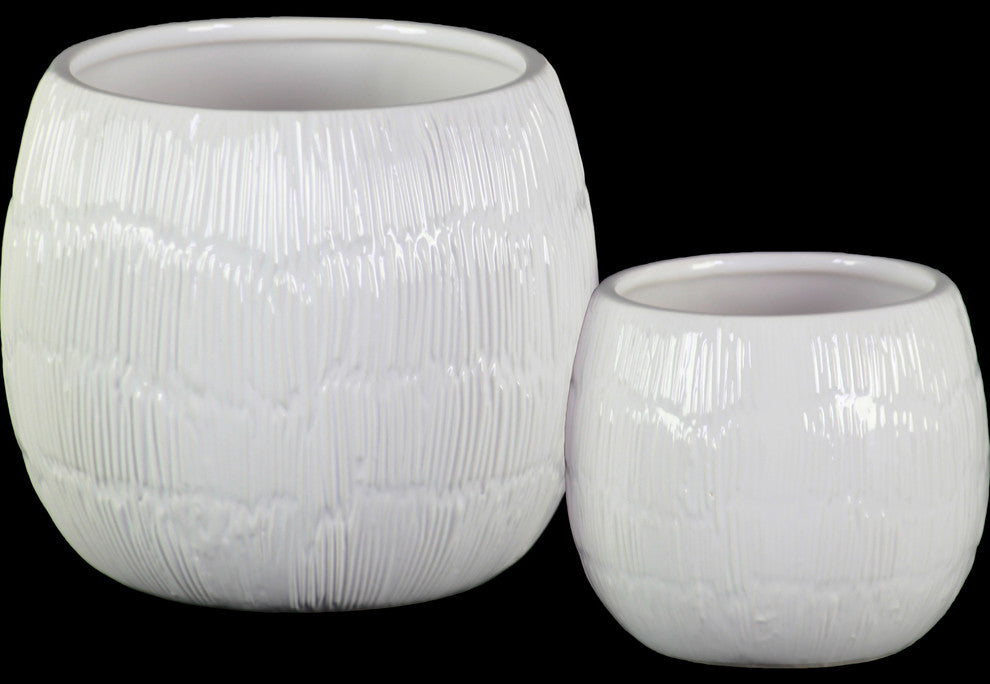 Low Round Pots Embossed Lines Design Body and Tapered Bottom, 2-Piece Set, White