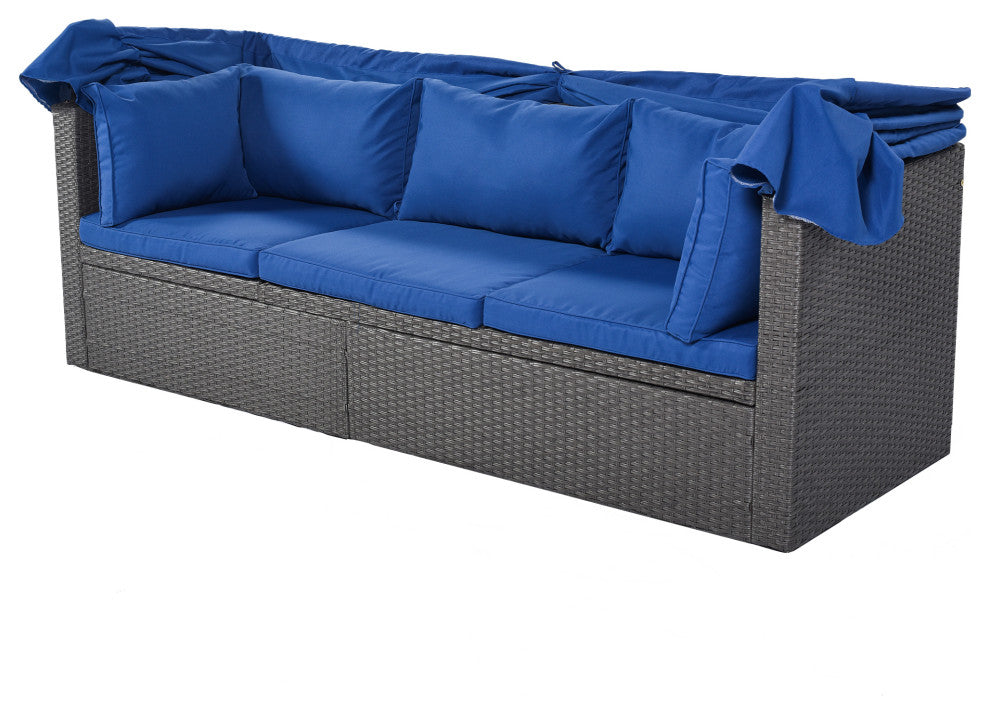 4-Piece Outdoor Wicker Sectional Patio Daybed with Canopy and Ottoman, Black Blu