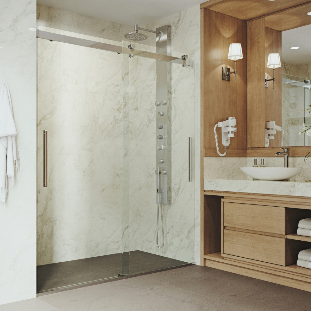 VIGO Caspian 59" to 61" W x 74" H Frameless Sliding Shower Door, Chrome, Clear Glass
