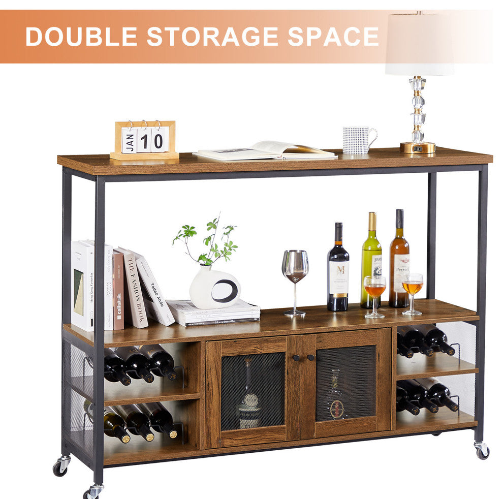 Multi-function Wine Shelf Table, Modern Wine Bar Cabinet Hazelnut Brown