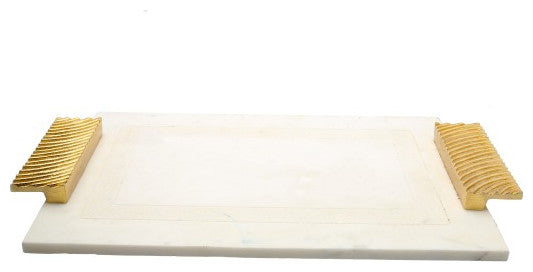 White Marble Challah Tray with Embossed Gold Handles