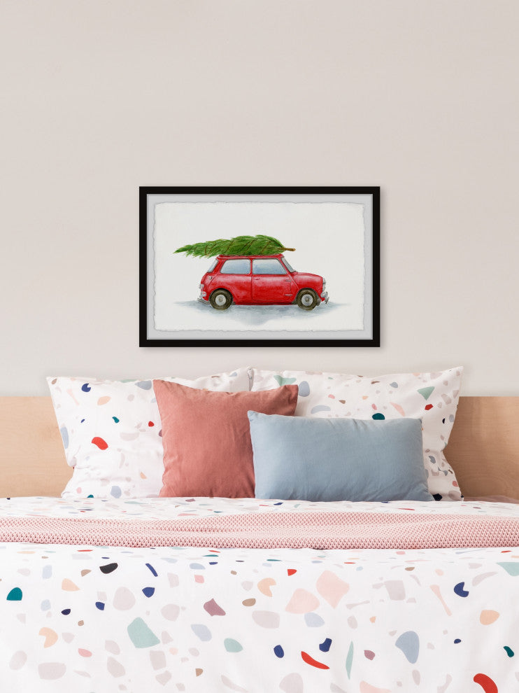 "Red Car With Green Pine" Framed Painting Print, 12x8