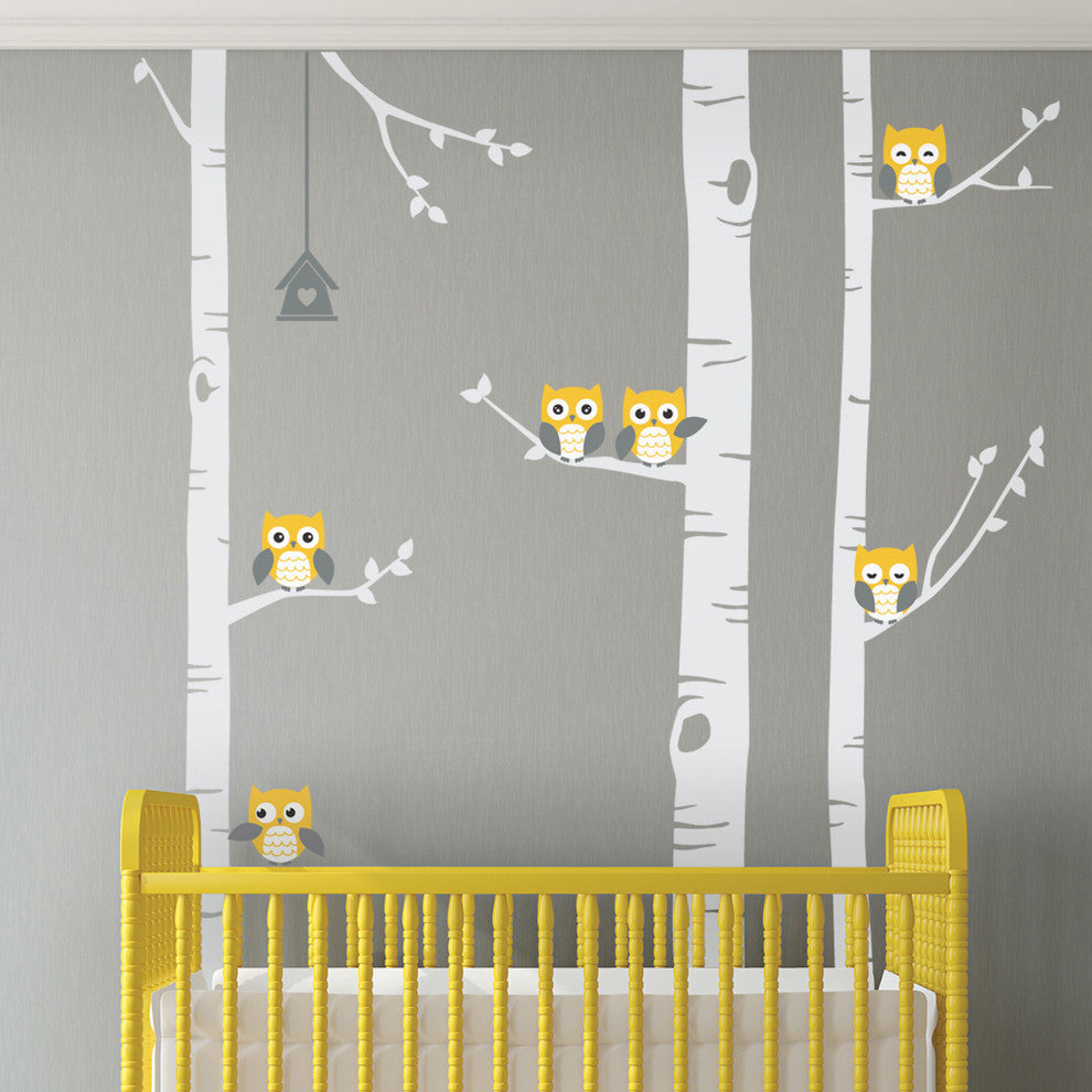 Birch Tree Wall Decal with Owls W1118, Scheme A, Standard, 96" Tall Trees