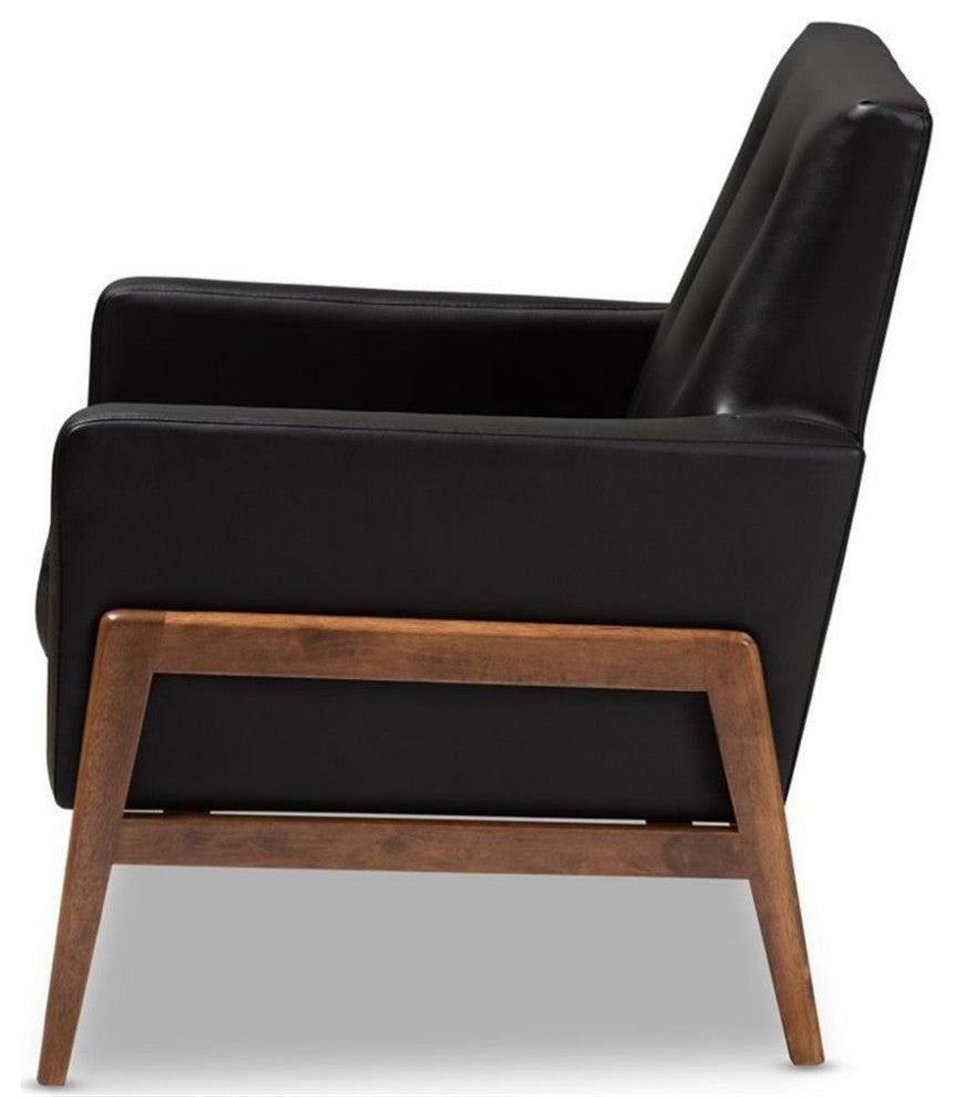 Perris Midcentury Modern Black Faux Leather Upholstered Walnut Wood Lounge Chair
